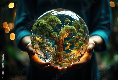 Futuristic Green Technology Concept: Crystal Ball with Circuit Board Amidst Nature