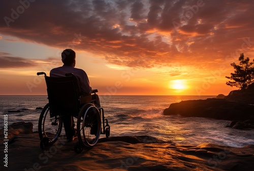 man sitting in a wheelchair at sunset.