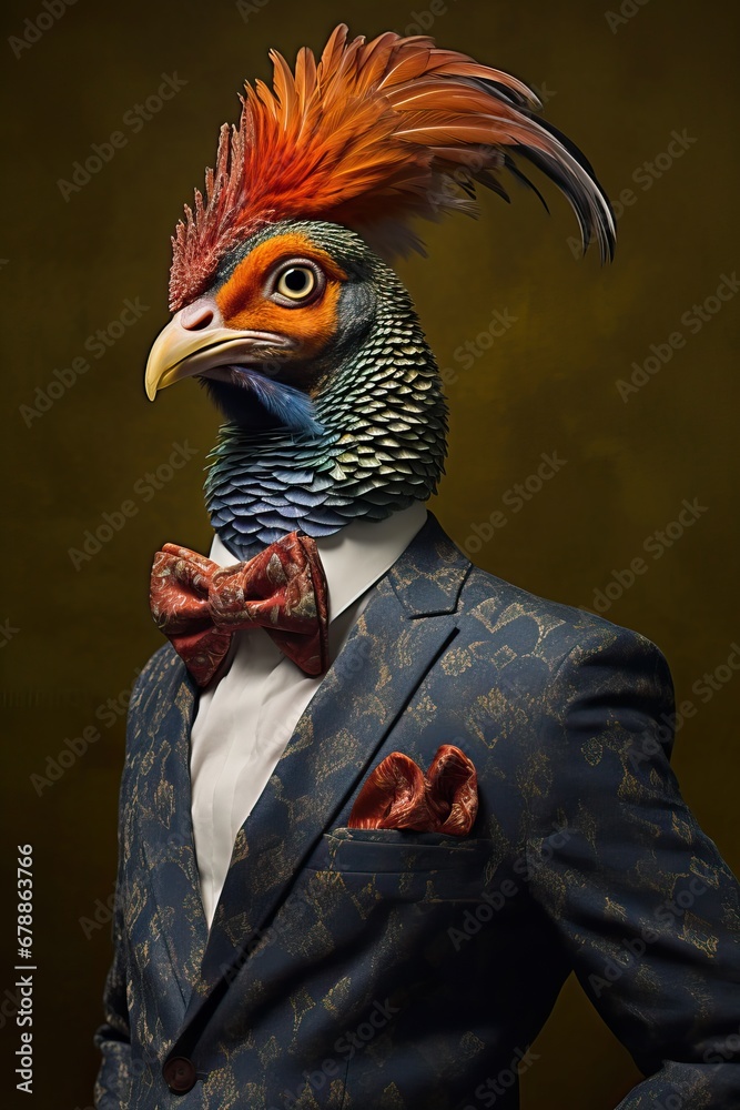 Pheasant dressed in an elegant modern suit with a nice tie. Fashion portrait of an anthropomorphic animal, bird, posing with a charismatic human attitude
