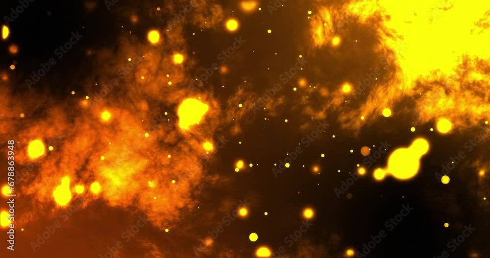 Abstract smoky background with bright glowing glitter bokeh particles creating an illusion of clouds or outer space. Glowing luxury award animation background in orange color.