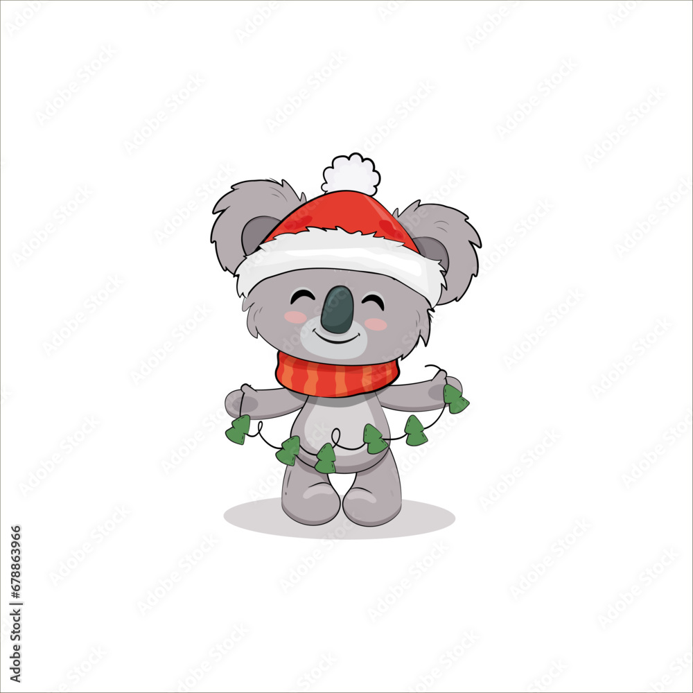 Obraz premium Cute cartoon koala cub isolated on white background. Christmas card with koala bear. Vector illustration