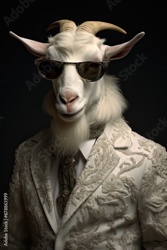 White goat dressed in an elegant modern suit with a nice tie. Fashion portrait of an anthropomorphic animal posing with a charismatic human attitude