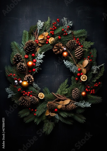 Natural Christmas wreath on a dark background. Christmas holidays. Generative AI.
