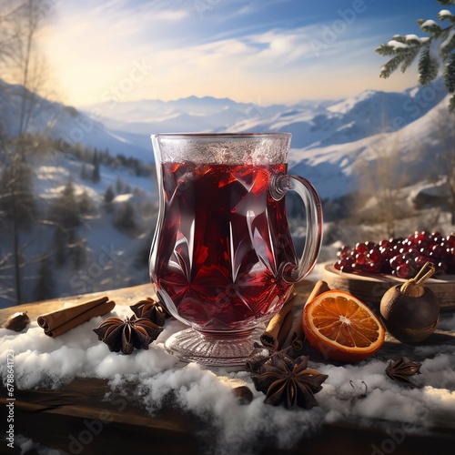 mulled wine on snow background