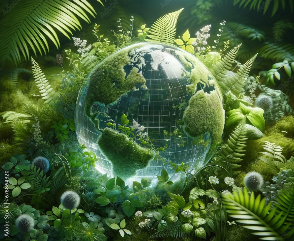 Fototapeta premium Glass globe encircled by verdant forest flora, symbolising nature, environment, sustainability, ESG, and climate change awareness.