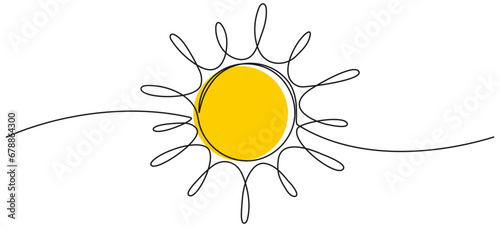 Sun continuous line drawing. Summer yellow linear sun. Vector illustration isolated on white.