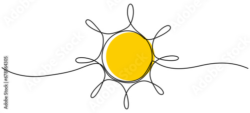 Sun continuous line drawing. Summer yellow linear sun. Vector illustration isolated on white.