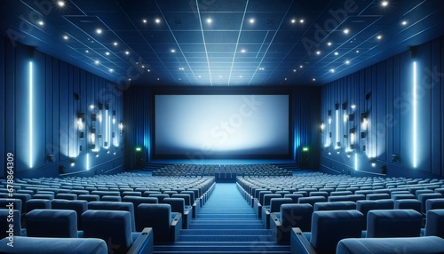 Empty blue cinema with white blank screen. Mockup of hall, no people and auditorium.