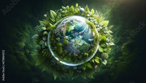 Glass globe encircled by verdant forest flora, symbolising nature, environment, sustainability, ESG, and climate change awareness.