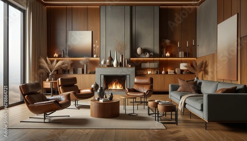 Cozy interior of a modern living room with grey and brown colors with fireplace.
