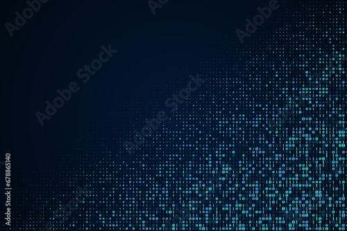 Blue, bright digital data matrix of binary code numbers isolated on a dark blue background with space for text in the upper left corner. Technology, coding, or big data concept. Vector illustration