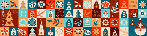 Ornament with Christmas decorations. Seamless pattern, banner, poster, postcard