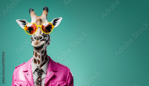 Cool looking giraffe wearing funky fashion dress - jacket, shirt, tie, sunglasses. Wide banner with space for text at side. Stylish animal posing. Generative AI photo