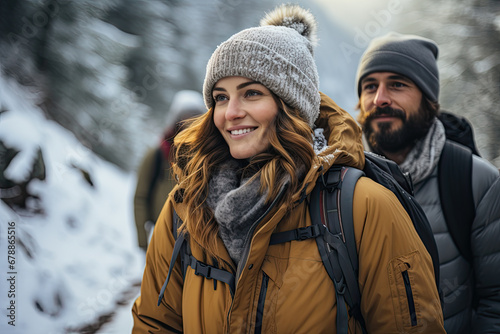 Young couple in warm clothes and hats with backpacks on hiking trip through winter forest