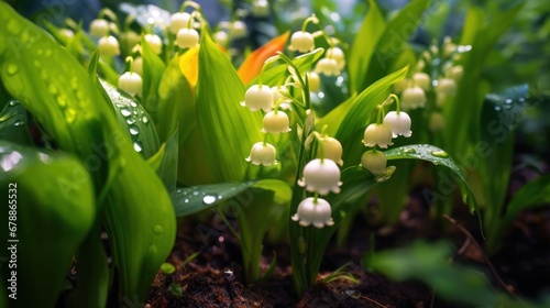 Lily of the valley in the forest on a rainy day. Springtime Concept. Mothers Day Concept with a Copy Space. Valentine's Day.
