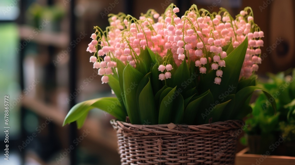 Lily of the valley in a wicker basket on the table. Springtime Concept. Mothers Day Concept with a Copy Space. Valentine's Day.