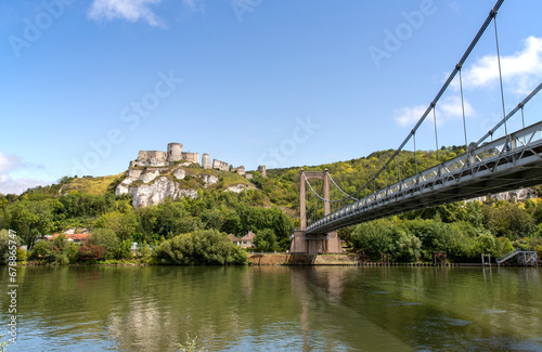 Les Andelys Suspension Bridge across Seine river in Normandy, France