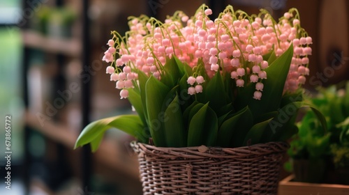 Lily of the valley in a wicker basket on the table. Springtime Concept. Mothers Day Concept with a Copy Space. Valentine's Day.
