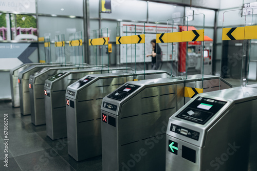 Automatic ticket gate of the railway station. Access system to the building. Pass through the passes. photo