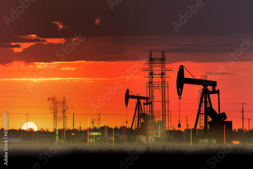 Oil drill rig and drilling derrick. Crude oil Pumpjack on oilfield on sunset. Fossil crude extraction. Global crude oil Prices, petroleum demand OPEC+. Oil prices on global market. Pump jack, oilfield