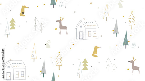 Seamless winter pattren with forest animals and houses