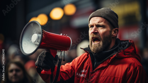 Leader of the striking people addresses them using a megaphone © Neuroshock