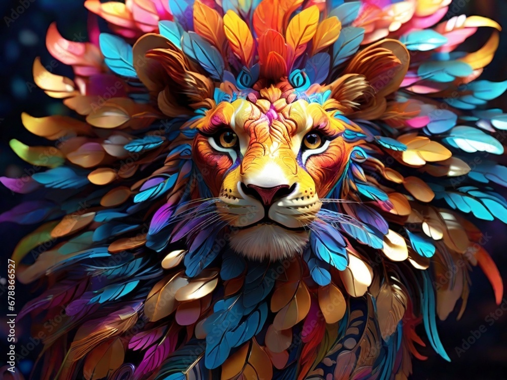 LIONESS FACE SURROUNDED BY COLORFUL FEATHERS IN RAINBOW COLORS, GENERATIVE IA