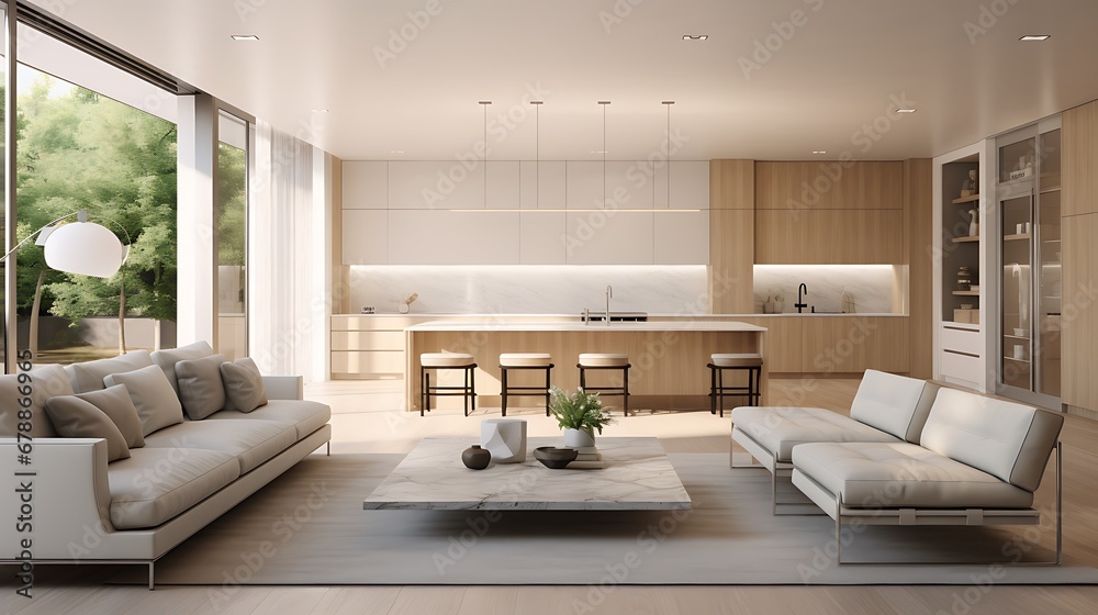 Fototapeta premium A modern minimalist home interior design with clean lines, sleek furniture, and neutral color palette, featuring an open-concept living space connected to a spacious kitchen, bathed in natural light