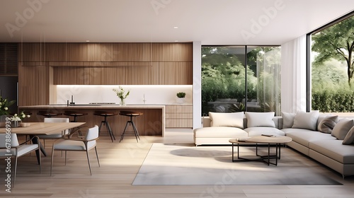 A modern minimalist home interior design with clean lines  sleek furniture  and neutral color palette  featuring an open-concept living space connected to a spacious kitchen  bathed in natural light