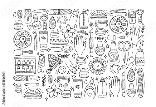 Manicure and pedicure collection. Icons set. Horizontal background for your design. Colouring page