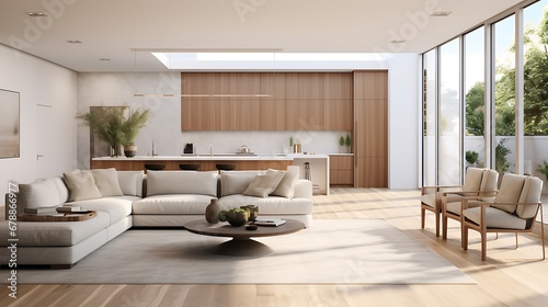 A modern minimalist home interior design with clean lines, sleek furniture, and neutral color palette, featuring an open-concept living space connected to a spacious kitchen, bathed in natural light