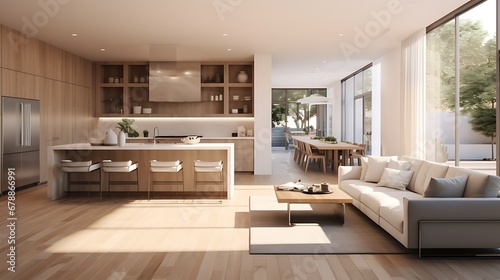A modern minimalist home interior design with clean lines  sleek furniture  and neutral color palette  featuring an open-concept living space connected to a spacious kitchen  bathed in natural light