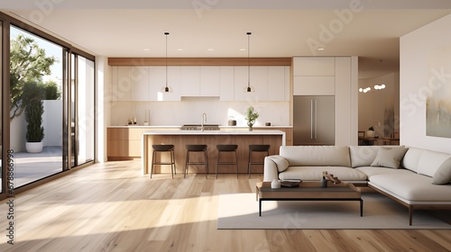 A modern minimalist home interior design with clean lines, sleek furniture, and neutral color palette, featuring an open-concept living space connected to a spacious kitchen, bathed in natural light