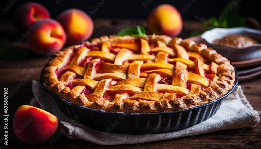 Tasty homemade peach pie on rustic wooden background, capturing country dessert vibes. Tasty homemade peach pie on rustic wooden background, capturing country dessert vibes.