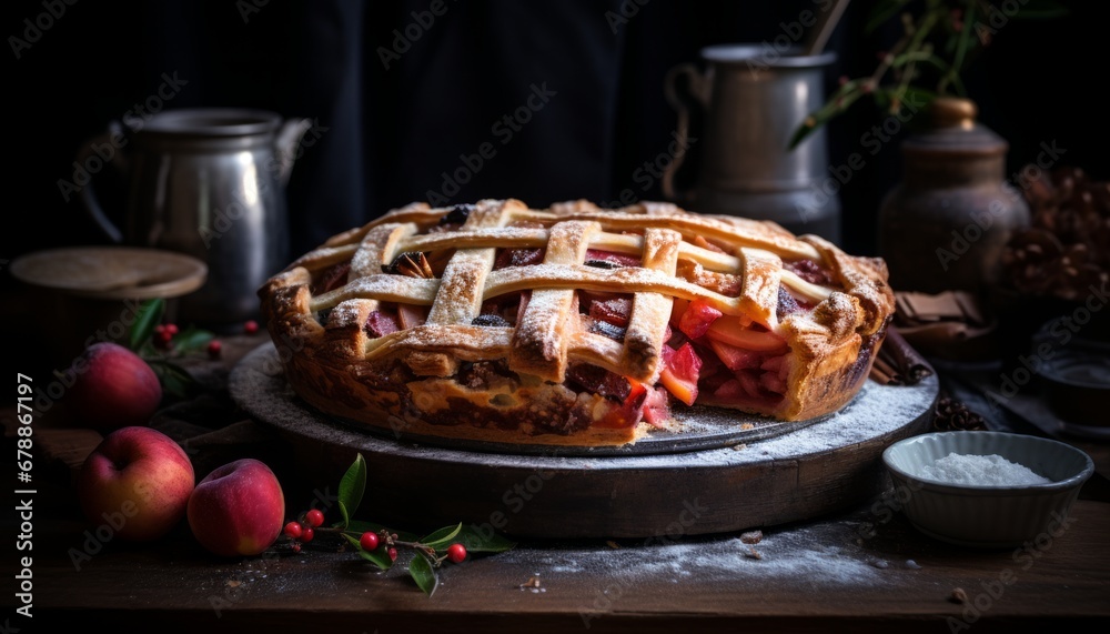 Homemade peach pie with ripe peaches on rustic wooden background, perfect country style dessert.
