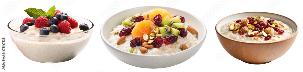 Mouthwatering bowl of porridge with fruits, isolated or white background Mouthwatering bowl of porridge with fruits, isolated or white background