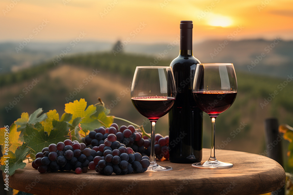 Glass of wine against the backdrop of a vineyard