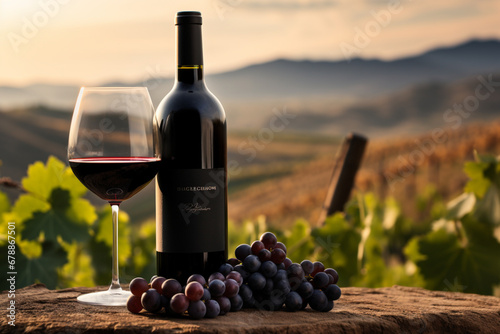Glass of wine against the backdrop of a vineyard photo