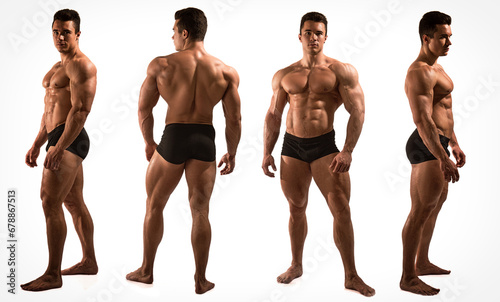 Four views of muscular shirtless male bodybuilder  back  front and profile shot  isolated on white background in studio shot