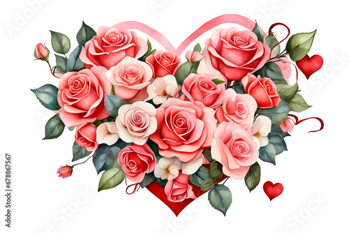 Colorful vibrant bouquet of roses in heart shape. Romantic  wedding  Saint Valentine s greetings. Watercolor style