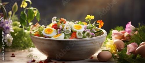 rustic handmade bowl the gourmet chef prepared a delightful Easter meal filled with pastel colored dishes that reflected the light and concept of spring creating a beautiful background for t