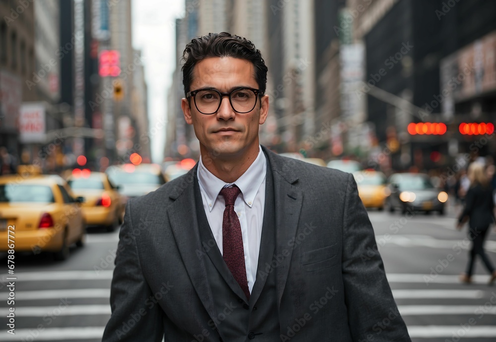Young handsome Indian businessman with eyeglasses in the streets of New York, young, handsome, indian businessman, eyeglasses, streets of new york, urban, professional, business attire, city life