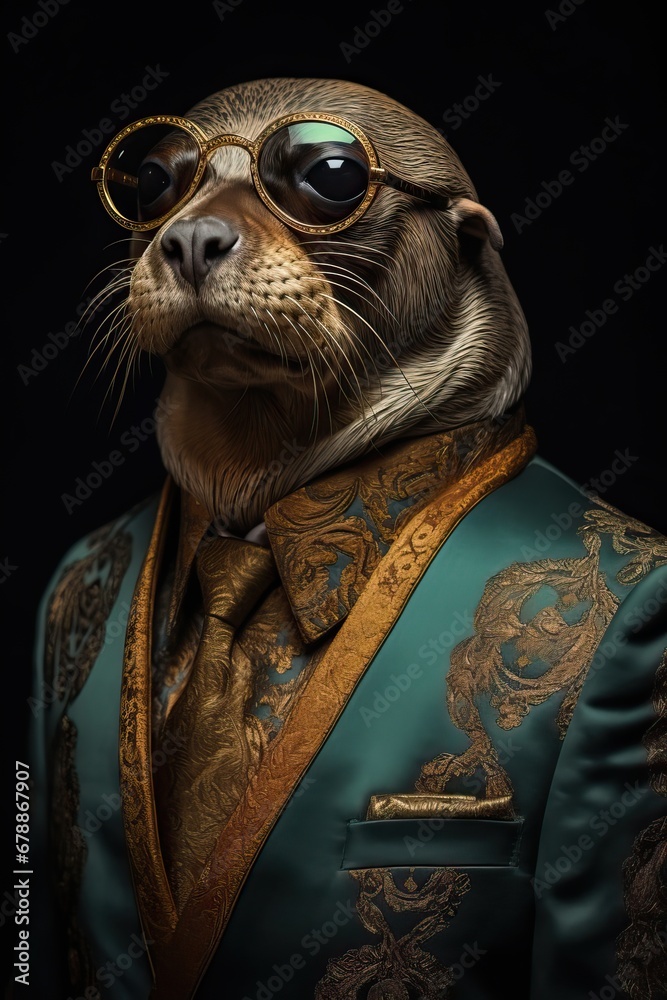 Walrus dressed in an elegant modern suit with a nice tie. Fashion portrait of an anthropomorphic animal, seal, posing with a charismatic human attitude Walrus dressed in an elegant modern suit with a nice tie. Fashion portrait of an anthropomorphic animal, seal, posing with a charismatic human attitude