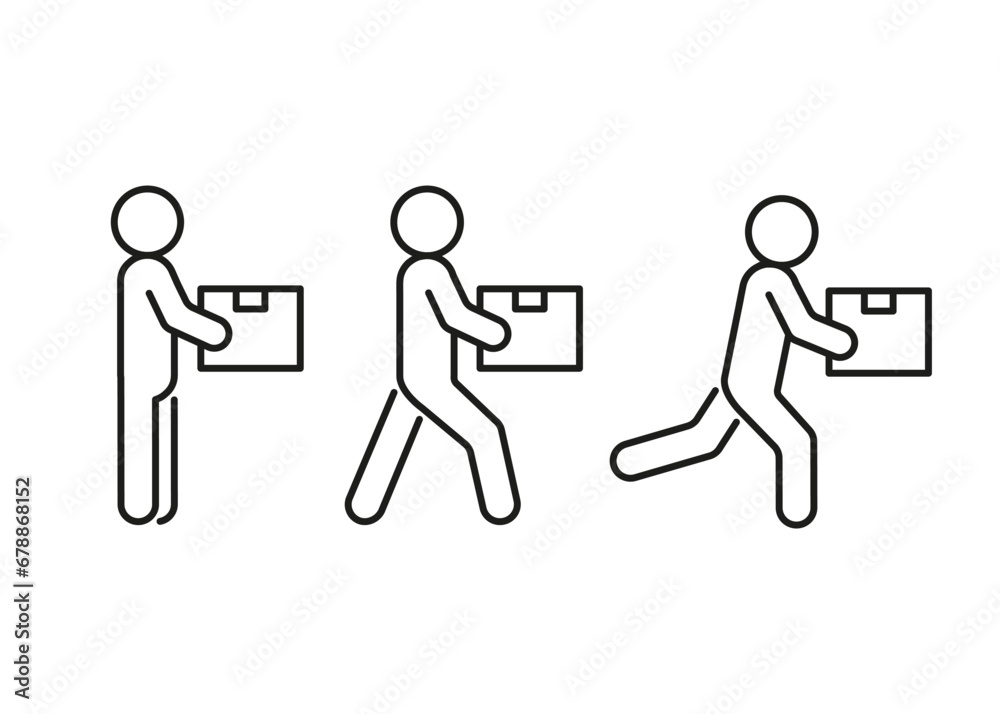 Obraz premium Box delivery, person move cargo, line icon. Courier stand, move and run with package, relocation. Fast transfer weight. Vector