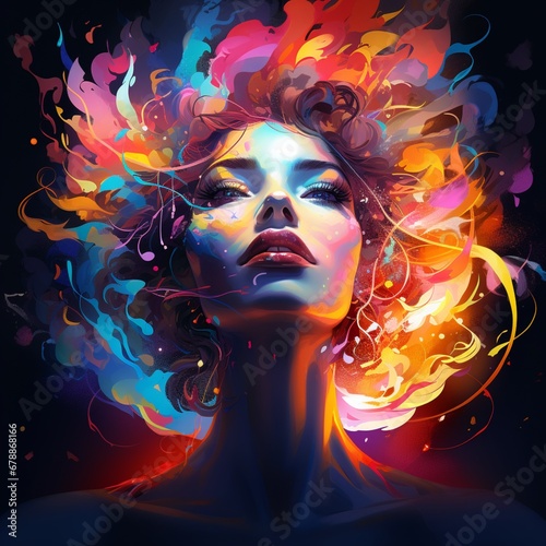 Glowing woman's head with hair in shaw style beautiful image Ai generated Attractive art