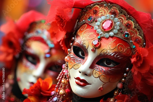 Extravagant masquerade ball at venice carnival featuring ornate masks and exquisite costumes