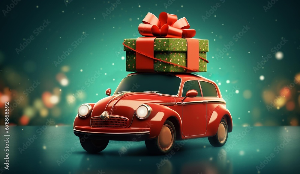 The red car is carrying gifts on its roof