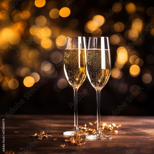 Two glasses of white sparkling wine against the background of Christmas lights photo