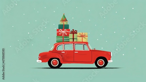 The red car is carrying gifts on its roof