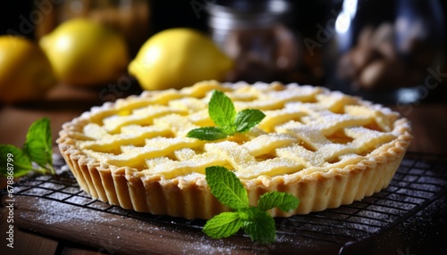 Scrumptious homemade lemon pie with a tangy citrus flavor on a charming rustic background